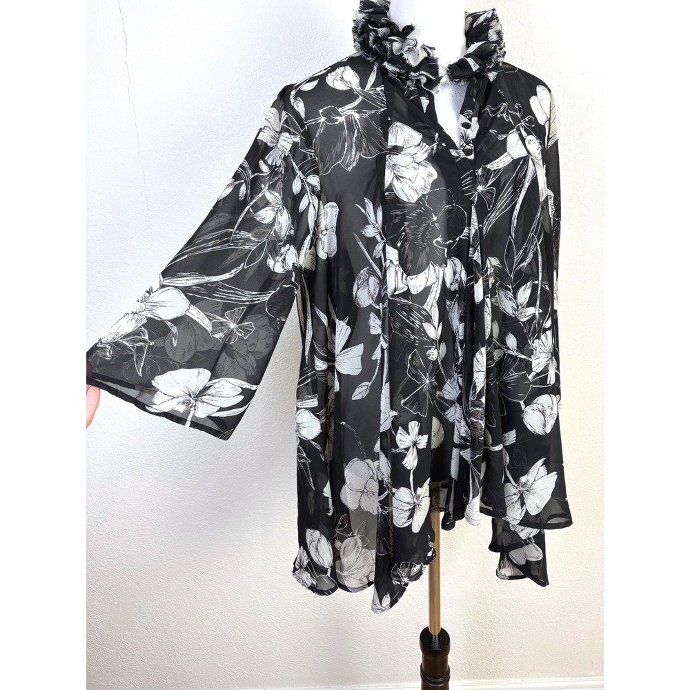 Jaipur Sheer Floral Ruffled Collar Asymmetrical Oversized Tunic Shirt Medium
